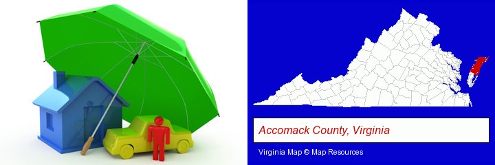 types of insurance; Accomack County, Virginia highlighted in red on a map