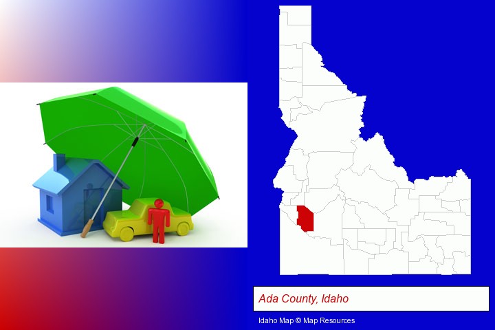 types of insurance; Ada County, Idaho highlighted in red on a map