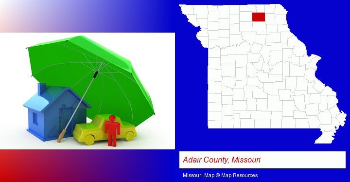 types of insurance; Adair County, Missouri highlighted in red on a map