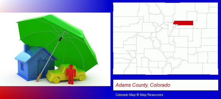 types of insurance; Adams County, Colorado highlighted in red on a map
