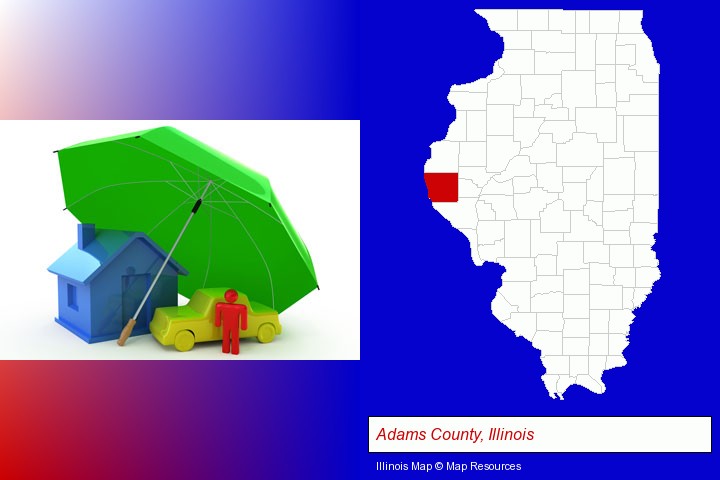 types of insurance; Adams County, Illinois highlighted in red on a map