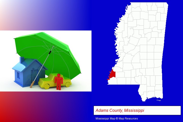 types of insurance; Adams County, Mississippi highlighted in red on a map