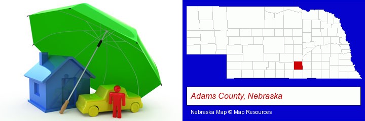 types of insurance; Adams County, Nebraska highlighted in red on a map