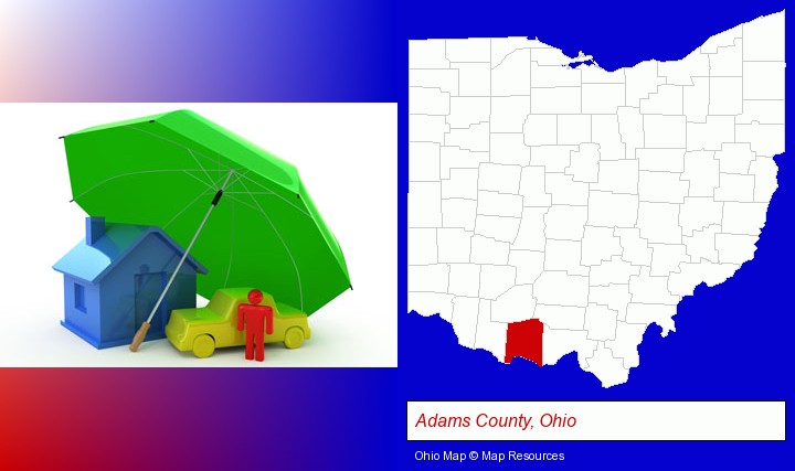 types of insurance; Adams County, Ohio highlighted in red on a map