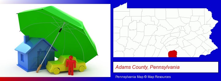 types of insurance; Adams County, Pennsylvania highlighted in red on a map
