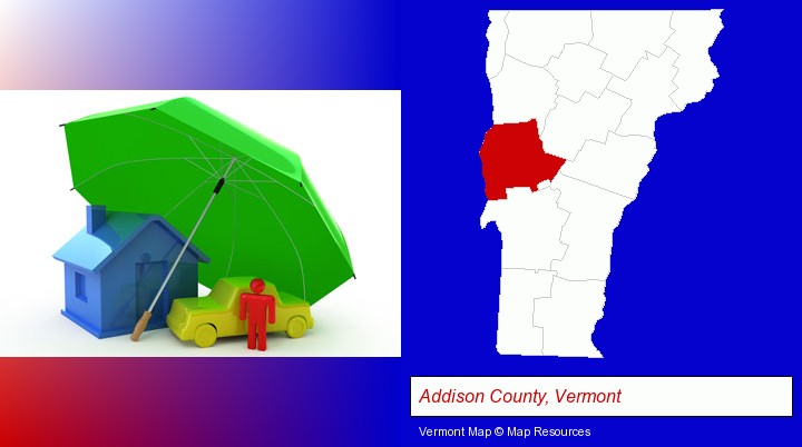 types of insurance; Addison County, Vermont highlighted in red on a map