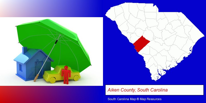 types of insurance; Aiken County, South Carolina highlighted in red on a map