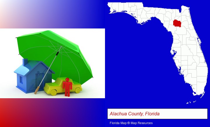 types of insurance; Alachua County, Florida highlighted in red on a map