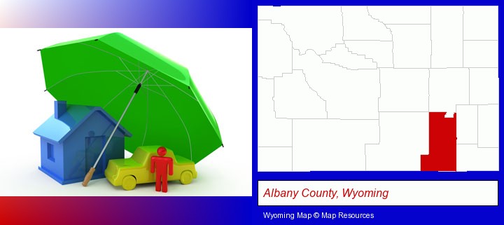 types of insurance; Albany County, Wyoming highlighted in red on a map