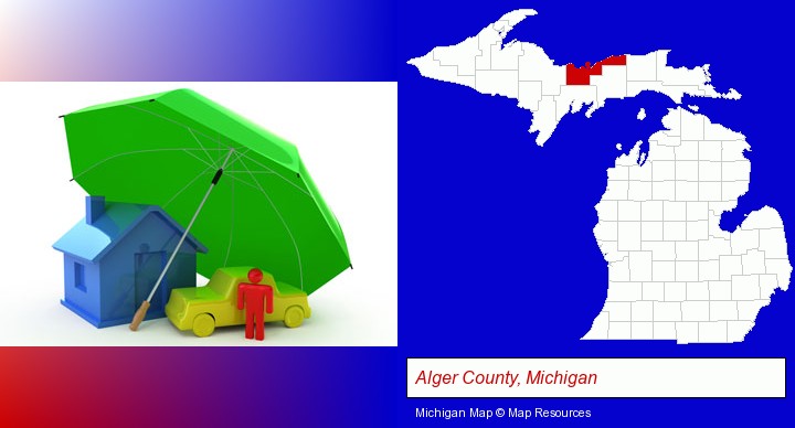 types of insurance; Alger County, Michigan highlighted in red on a map