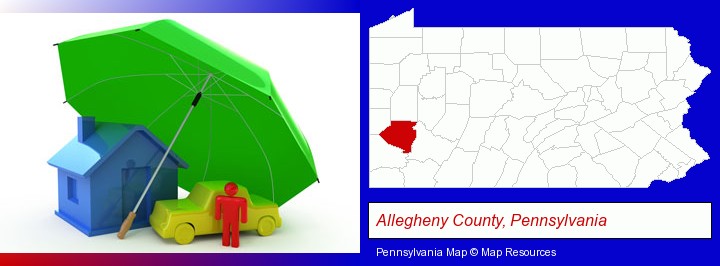 types of insurance; Allegheny County, Pennsylvania highlighted in red on a map