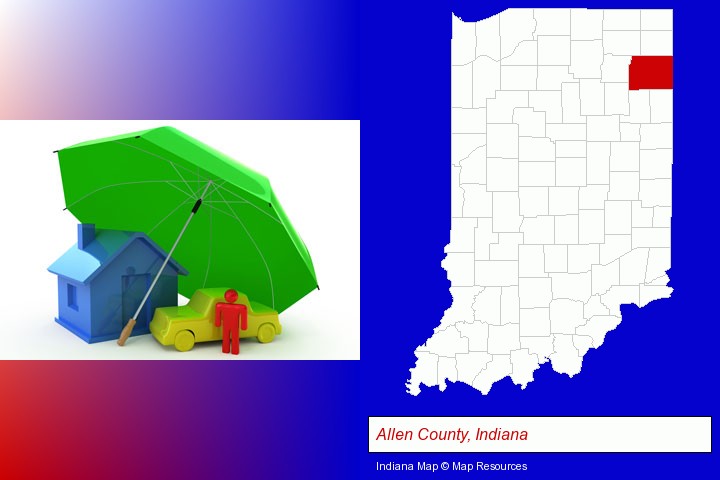 types of insurance; Allen County, Indiana highlighted in red on a map