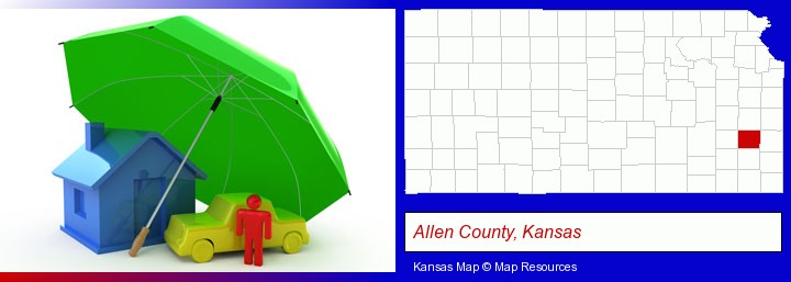 types of insurance; Allen County, Kansas highlighted in red on a map