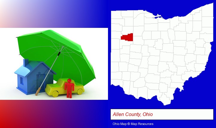 types of insurance; Allen County, Ohio highlighted in red on a map
