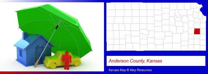 types of insurance; Anderson County, Kansas highlighted in red on a map