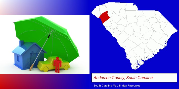 types of insurance; Anderson County, South Carolina highlighted in red on a map