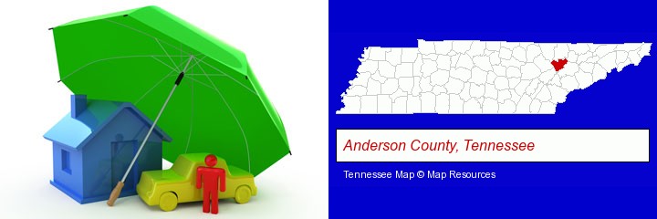 types of insurance; Anderson County, Tennessee highlighted in red on a map