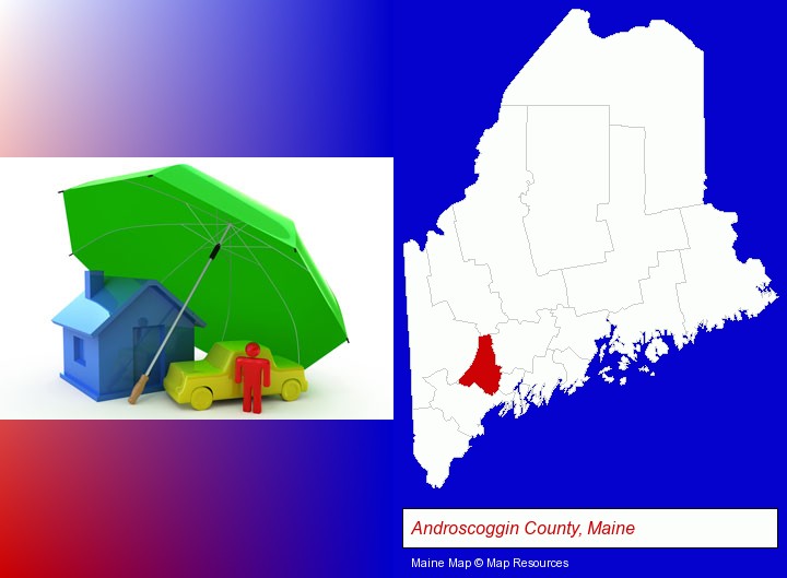 types of insurance; Androscoggin County, Maine highlighted in red on a map