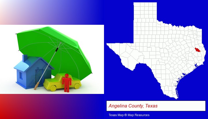 types of insurance; Angelina County, Texas highlighted in red on a map