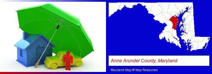 types of insurance; Anne Arundel County, Maryland highlighted in red on a map