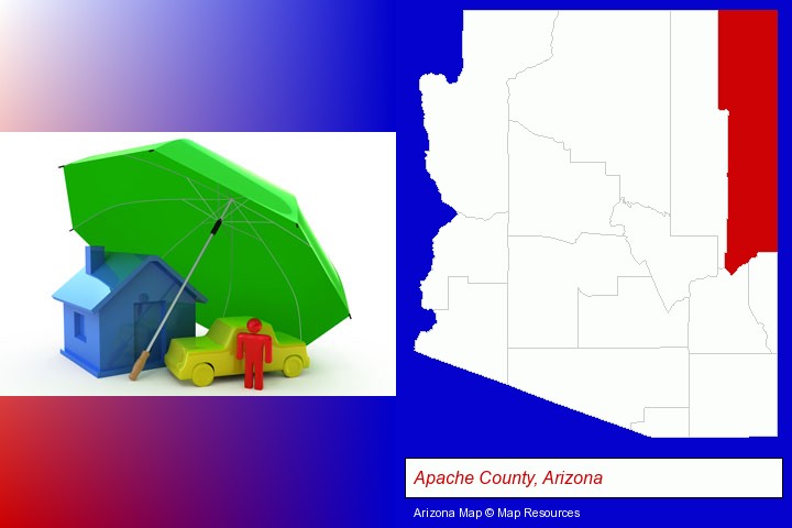 types of insurance; Apache County, Arizona highlighted in red on a map