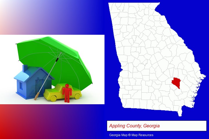 types of insurance; Appling County, Georgia highlighted in red on a map
