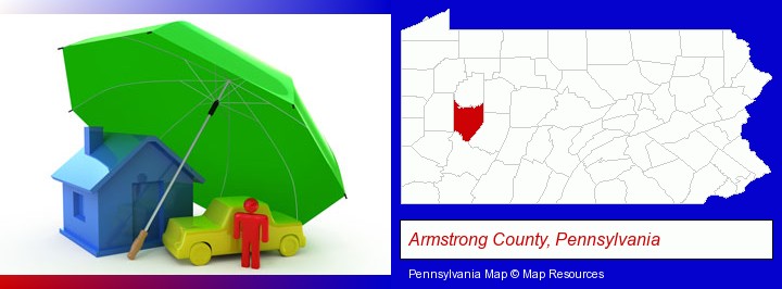 types of insurance; Armstrong County, Pennsylvania highlighted in red on a map