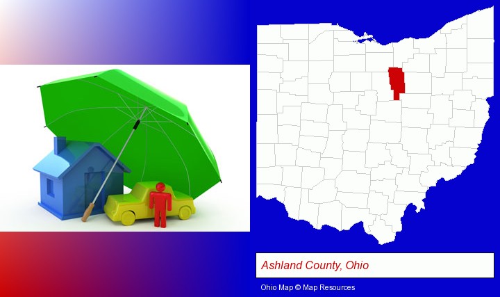 types of insurance; Ashland County, Ohio highlighted in red on a map