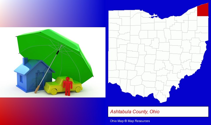 types of insurance; Ashtabula County, Ohio highlighted in red on a map