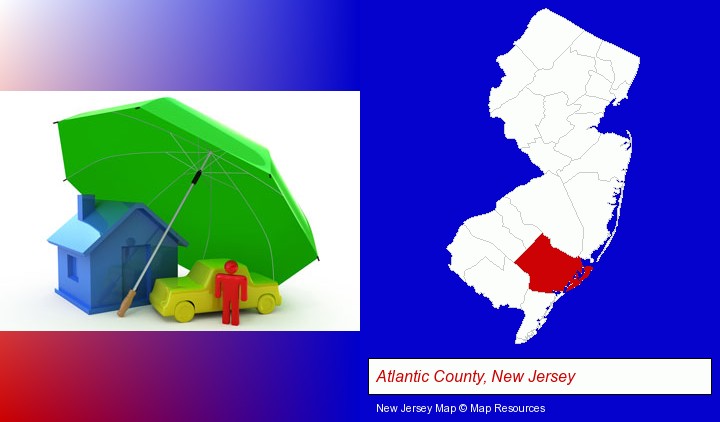 types of insurance; Atlantic County, New Jersey highlighted in red on a map