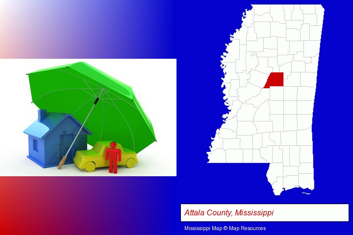 types of insurance; Attala County, Mississippi highlighted in red on a map