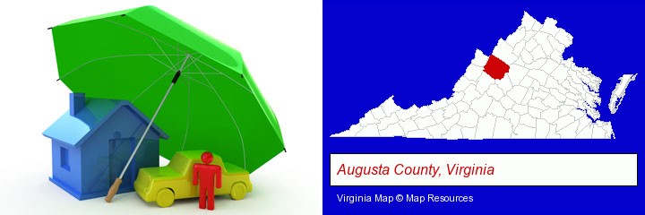 types of insurance; Augusta County, Virginia highlighted in red on a map