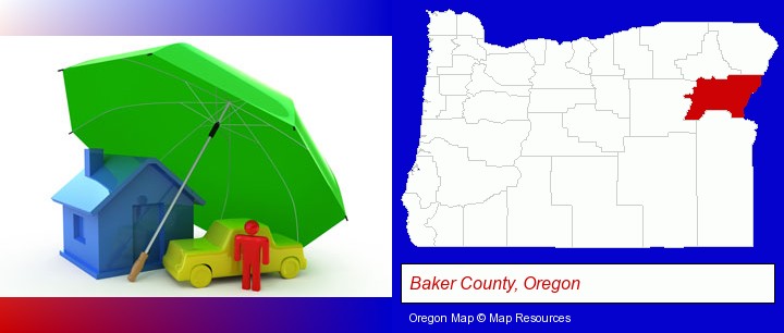 types of insurance; Baker County, Oregon highlighted in red on a map