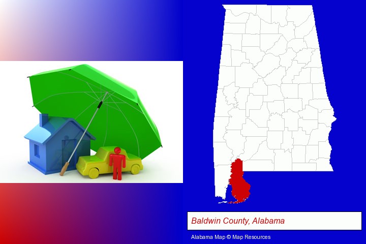 types of insurance; Baldwin County, Alabama highlighted in red on a map