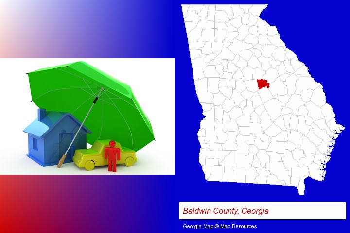 types of insurance; Baldwin County, Georgia highlighted in red on a map