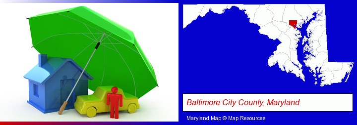 types of insurance; Baltimore City County, Maryland highlighted in red on a map