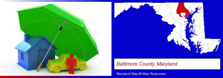 types of insurance; Baltimore County, Maryland highlighted in red on a map