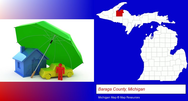 types of insurance; Baraga County, Michigan highlighted in red on a map