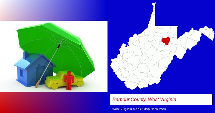 types of insurance; Barbour County, West Virginia highlighted in red on a map