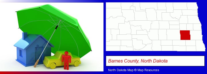 types of insurance; Barnes County, North Dakota highlighted in red on a map