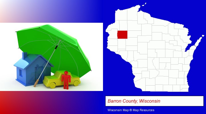 types of insurance; Barron County, Wisconsin highlighted in red on a map