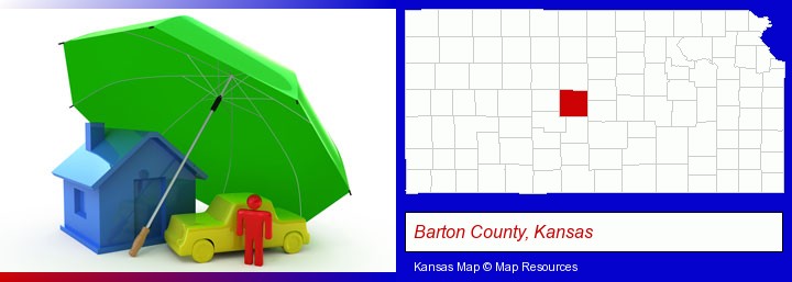 types of insurance; Barton County, Kansas highlighted in red on a map