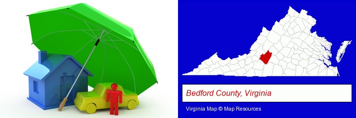 types of insurance; Bedford County, Virginia highlighted in red on a map