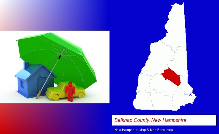 types of insurance; Belknap County, New Hampshire highlighted in red on a map