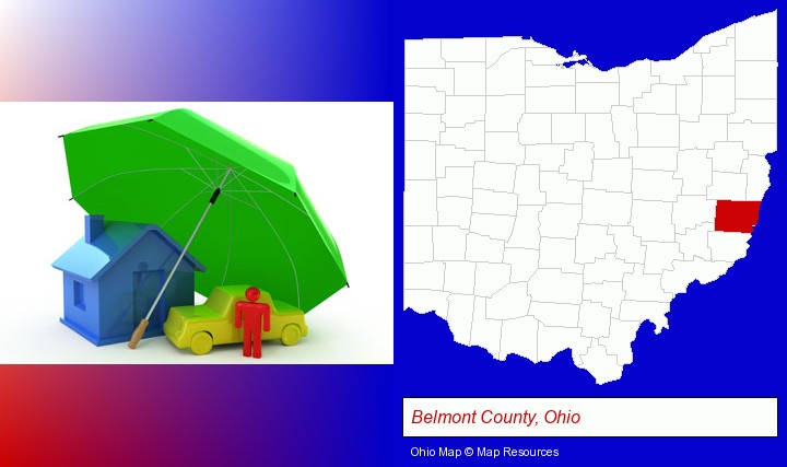 types of insurance; Belmont County, Ohio highlighted in red on a map