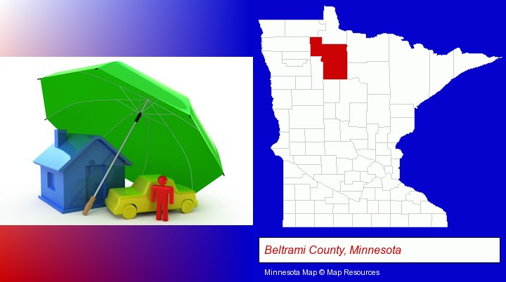 types of insurance; Beltrami County, Minnesota highlighted in red on a map