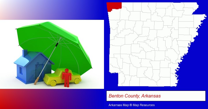 types of insurance; Benton County, Arkansas highlighted in red on a map