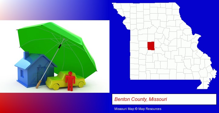 types of insurance; Benton County, Missouri highlighted in red on a map