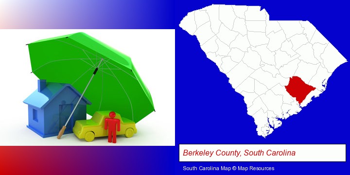 types of insurance; Berkeley County, South Carolina highlighted in red on a map