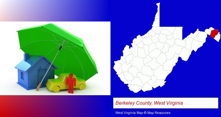types of insurance; Berkeley County, West Virginia highlighted in red on a map